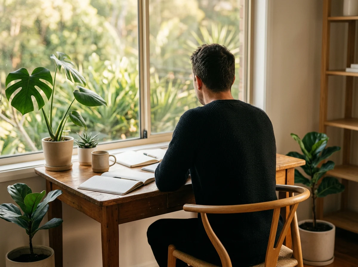 Editorial writer at a desk, viewed from behind, in a bright workspace