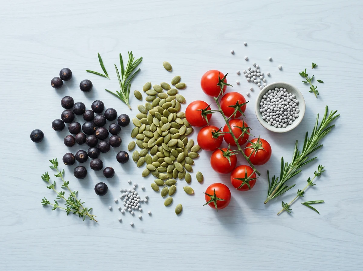 Saw palmetto berries, pumpkin seeds, tomatoes and natural ingredients on a clean surface