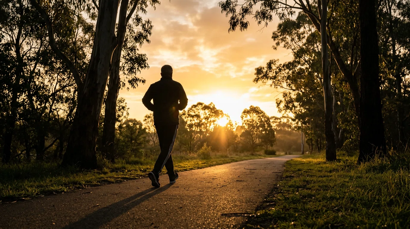Silhouette of a man walking briskly along a park path at sunrise